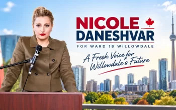 Nicole Daneshvar speaking at a community event for Ward 18 Willowdale